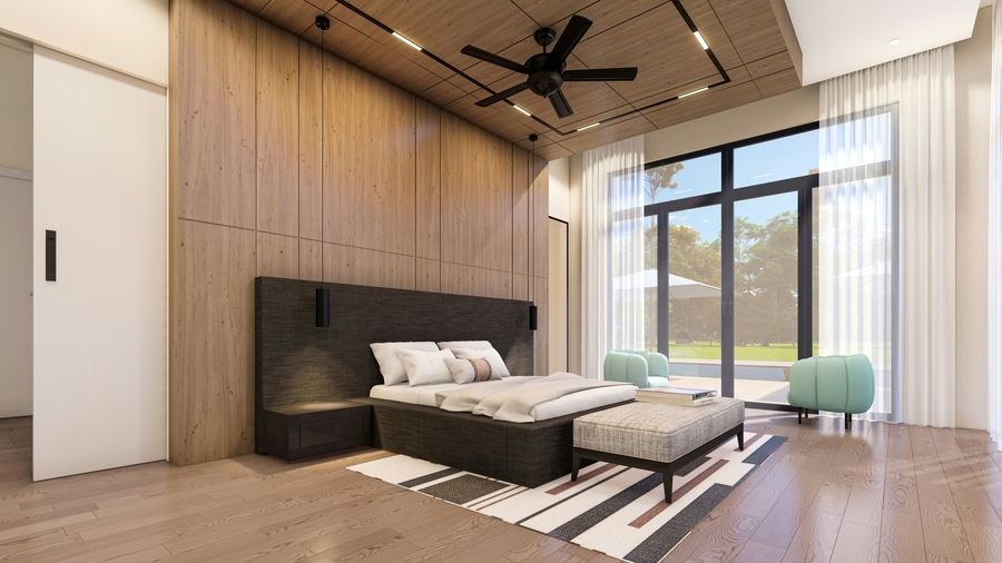 Contemporary bedroom with wood accent wall, large windows, and soft natural lighting