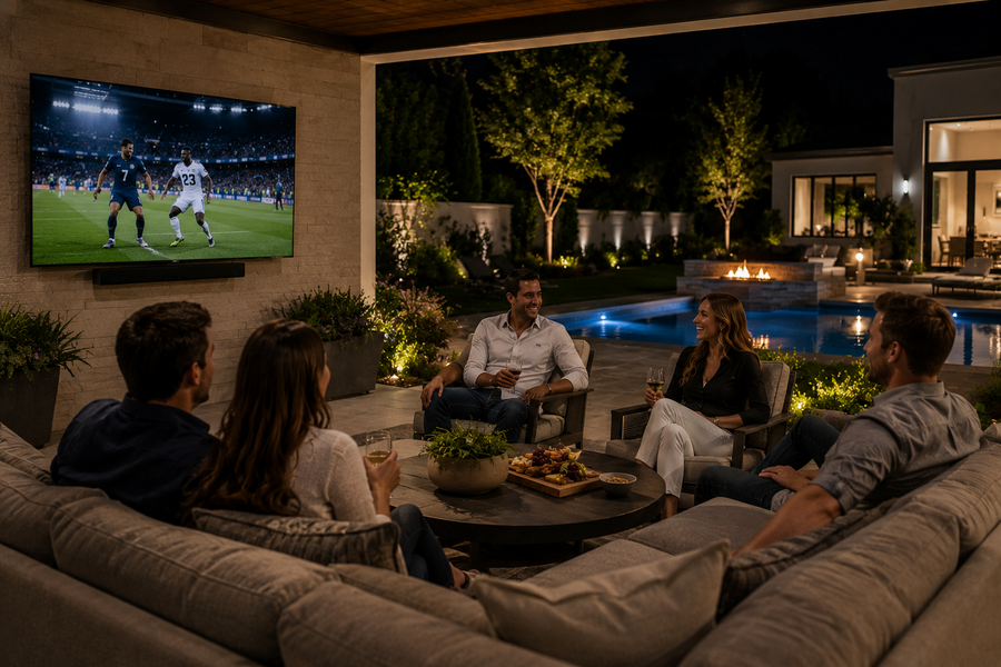 Friends enjoying an outdoor living space with a TV, pool, and landscape lighting.