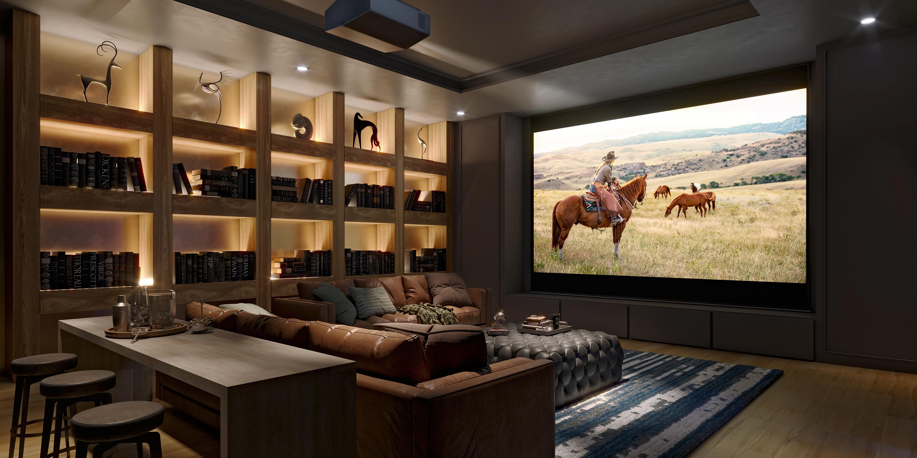 Luxurious home theater with built-in bookshelves, leather seating, and a large projector screen