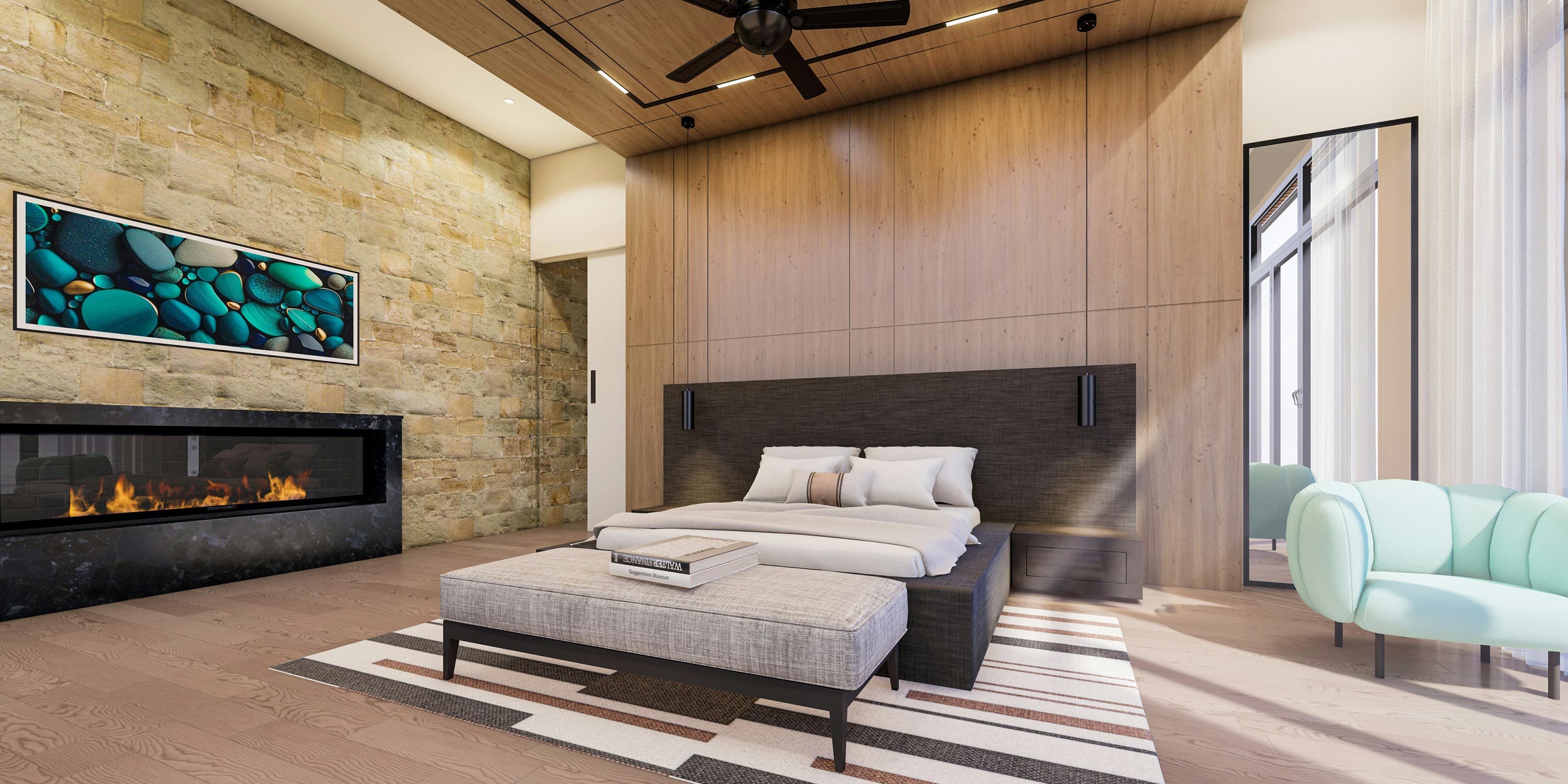 Cozy master suite with a fireplace, wood accents, and a modern bed