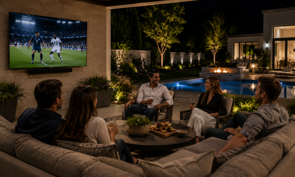 Friends enjoying an outdoor living space with a TV, pool, and landscape lighting.